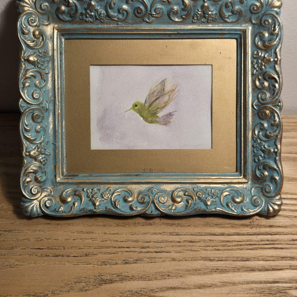 Vintage-Inspired Blue and Gold Picture Frame with Hummingbird Art